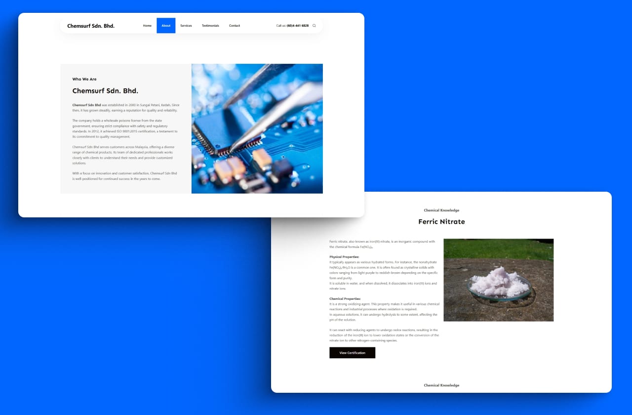 About page and product page of chemsurf.