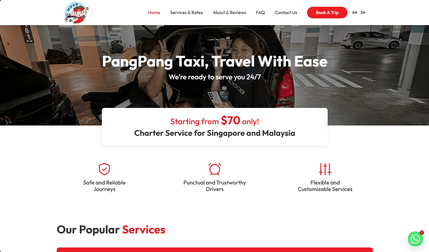 featured homepage screenshot of pangpangtaxi's website