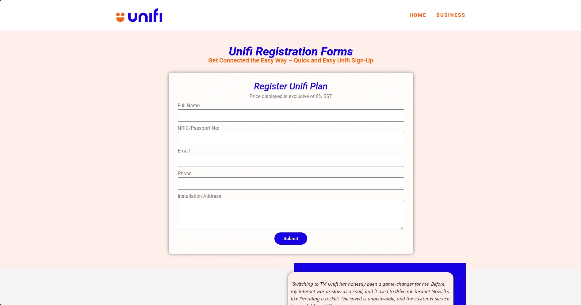 contact us section in unifi's landing page