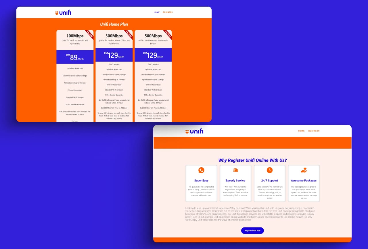 home plan section and why section in unifi's landing page